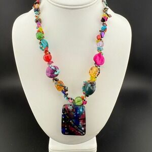 Boho Statement Necklace Glass Pendant Multicolored Beaded Women Fashion Jewelry